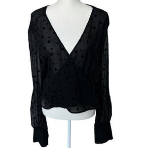 MODA INTERNATIONAL Wrap Top Size M Silk Sheer Black Swiss Dot Witchy Whimsigoth